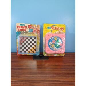 Vintage Lot Of 2 Mini Traveling Games Fishing And Checkers